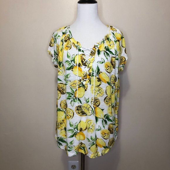 Chaps Lemon Print Yellow & Green Lace Up Front V Neck Top (S) - Picture 1 of 4
